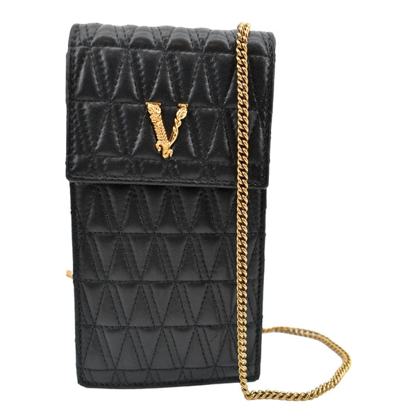 Versace Virtus Leather Crossbody Phone Pouch in Black - Front