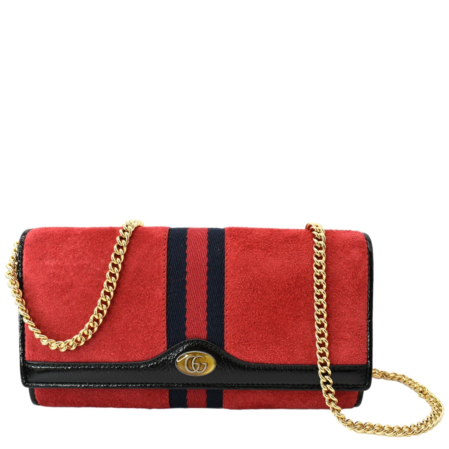 GUCCI Ophidia Suede Patent Web Leather Wallet On Chain Crossbody Bag Red 546592