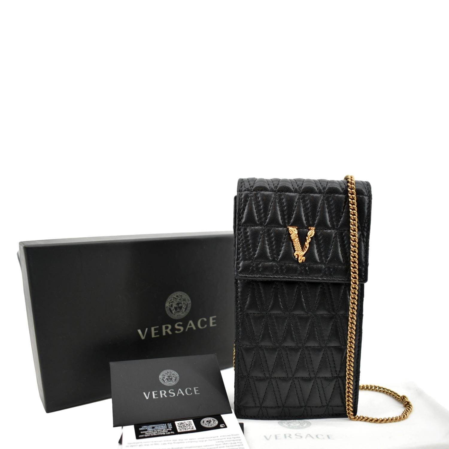 Versace Virtus Leather Crossbody Phone Pouch in Black Versace Virtus Leather Crossbody Phone Pouch in Black