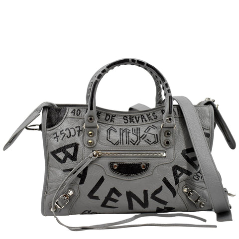 BALENCIAGA Graffiti Classic City Small Leather Top Handle Shoulder Bag Gray
