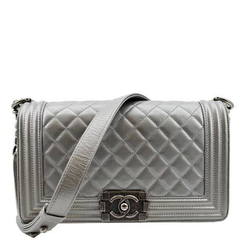 CHANEL Boy Flap Caviar Leather Crossbody Bag Grey