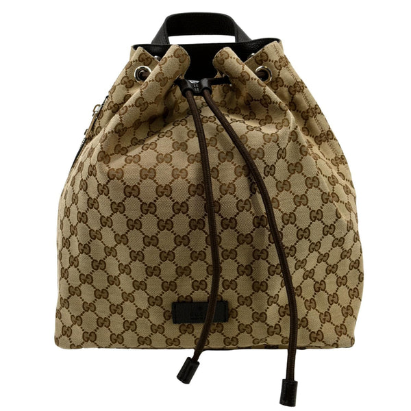 Gucci Drawstring GG Monogram Canvas Backpack Bag Beige - Front