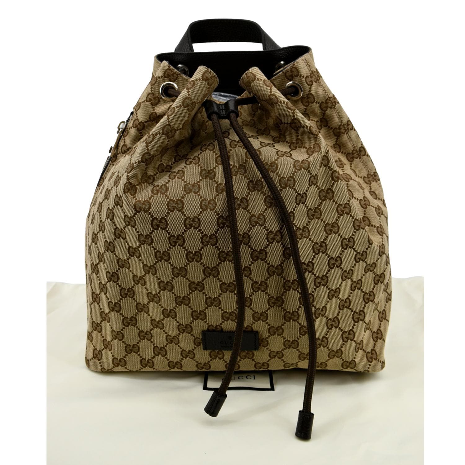 Gucci Drawstring GG Monogram Canvas Backpack Bag Beige