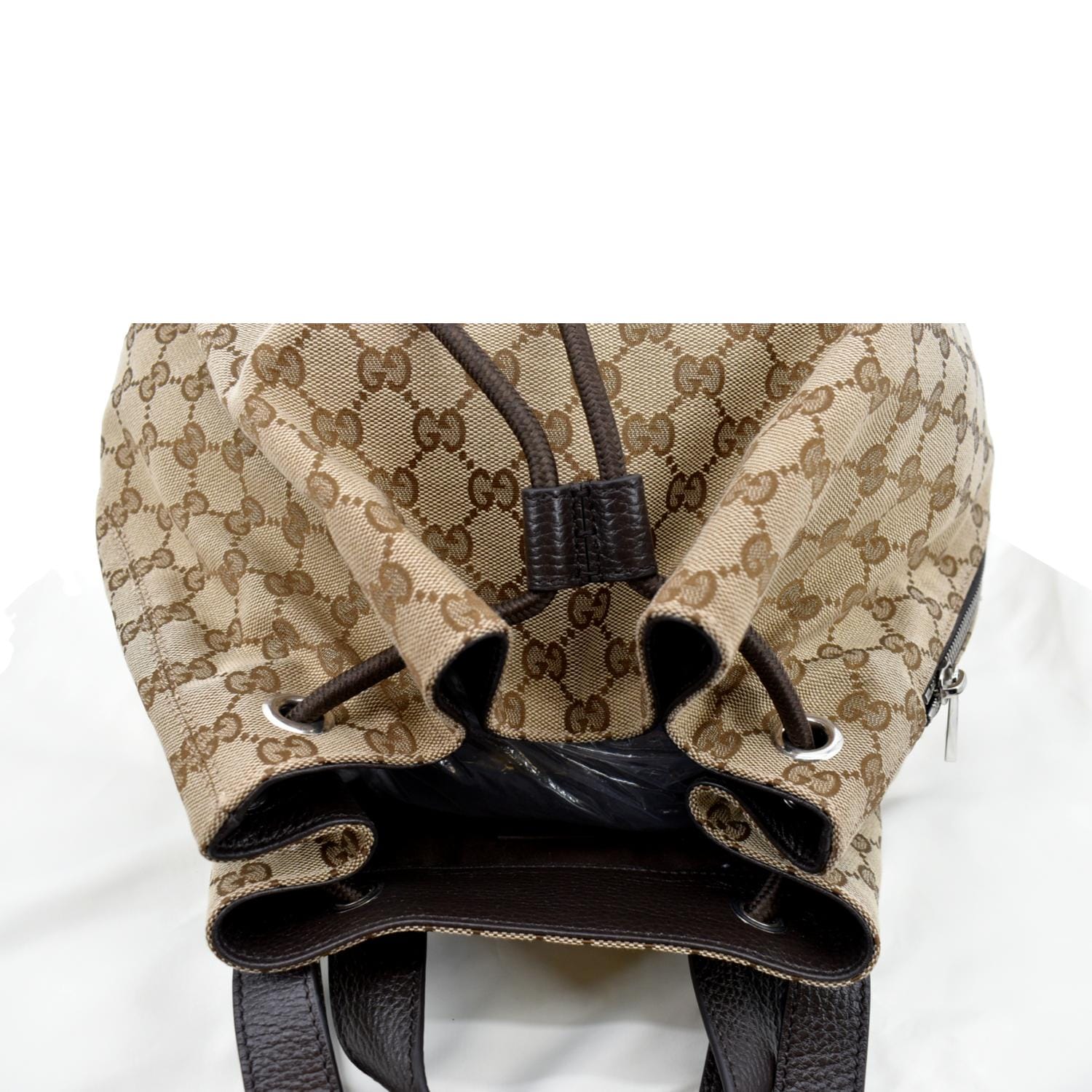 Gucci Drawstring GG Monogram Canvas Backpack Bag Beige