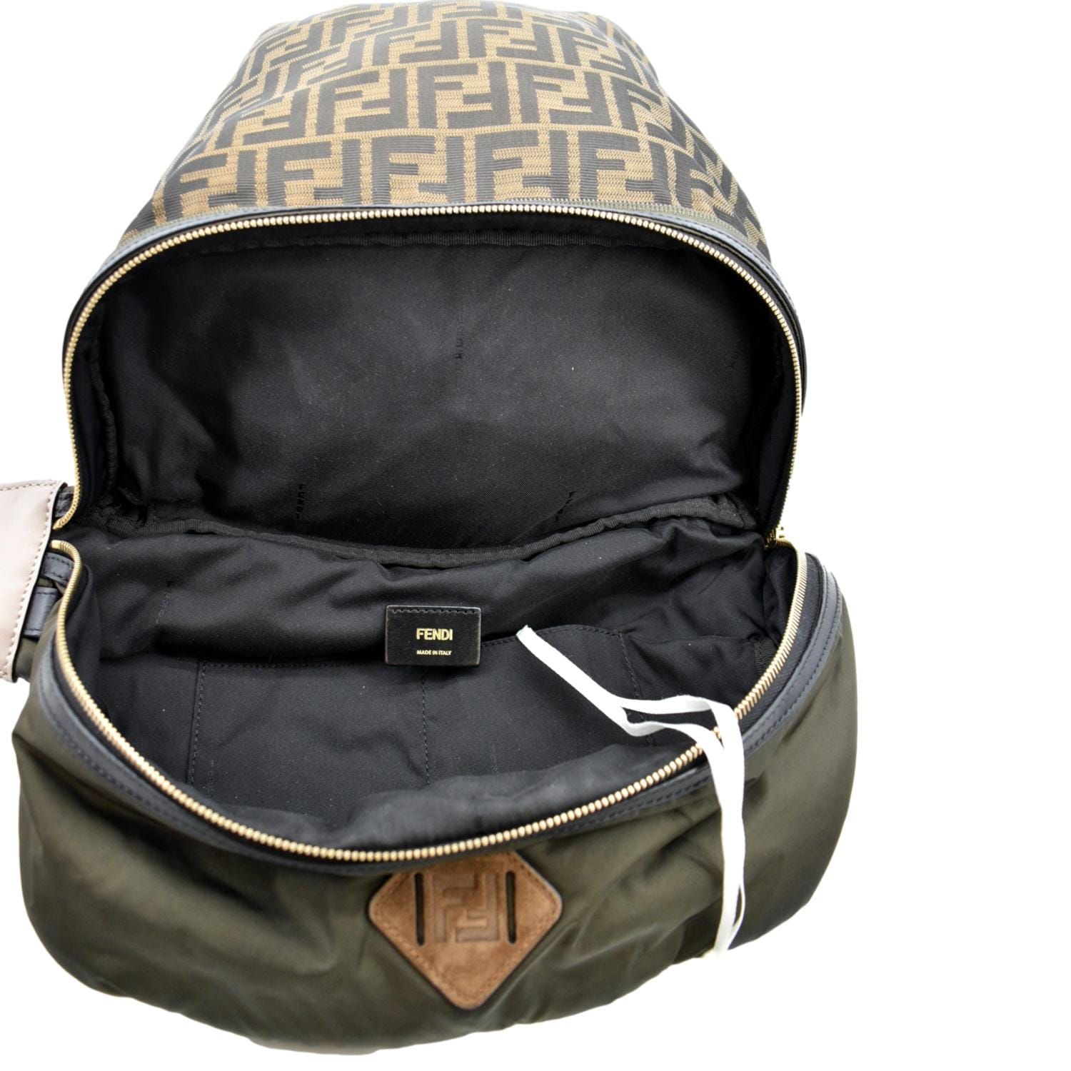 FENDI Convertible Monogram Canvas Backpack Bag Khaki