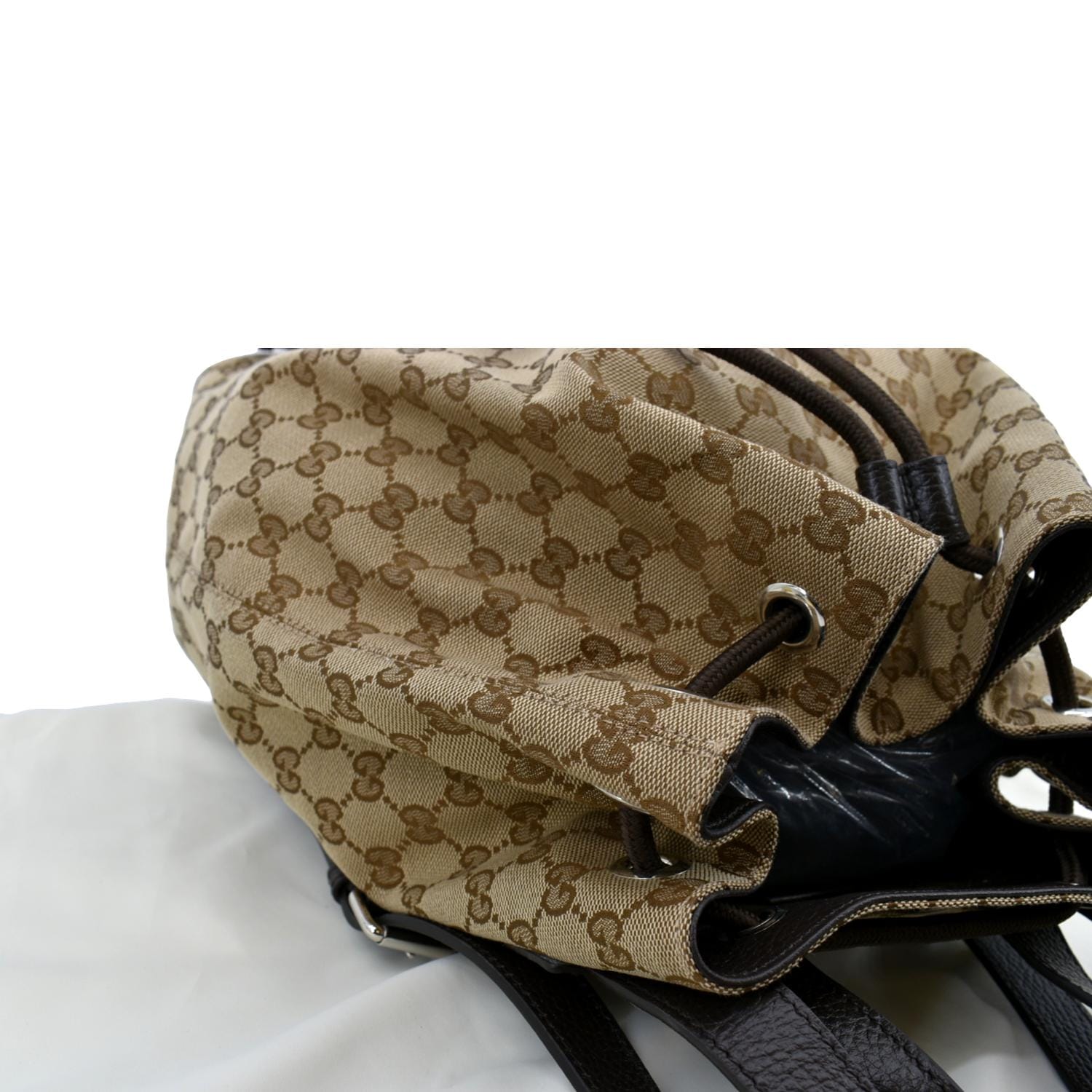 Gucci Drawstring GG Monogram Canvas Backpack Bag Beige