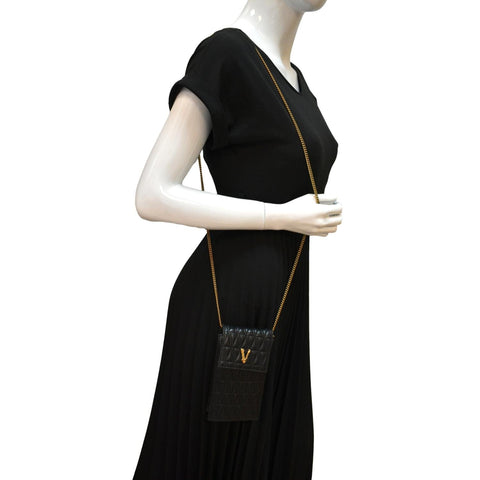 Versace Virtus Leather Crossbody Phone Pouch in Black  Full View