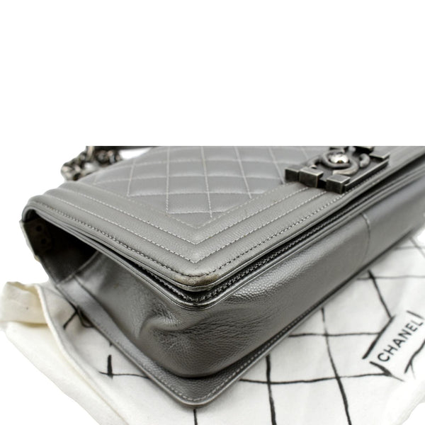 Chanel Boy Flap Caviar Leather Crossbody Bag in Grey - Bottom Left