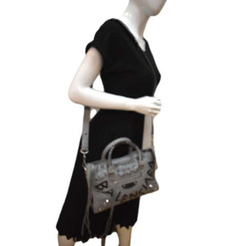 BALENCIAGA Graffiti Classic City Small Leather Top Handle Shoulder Bag Gray