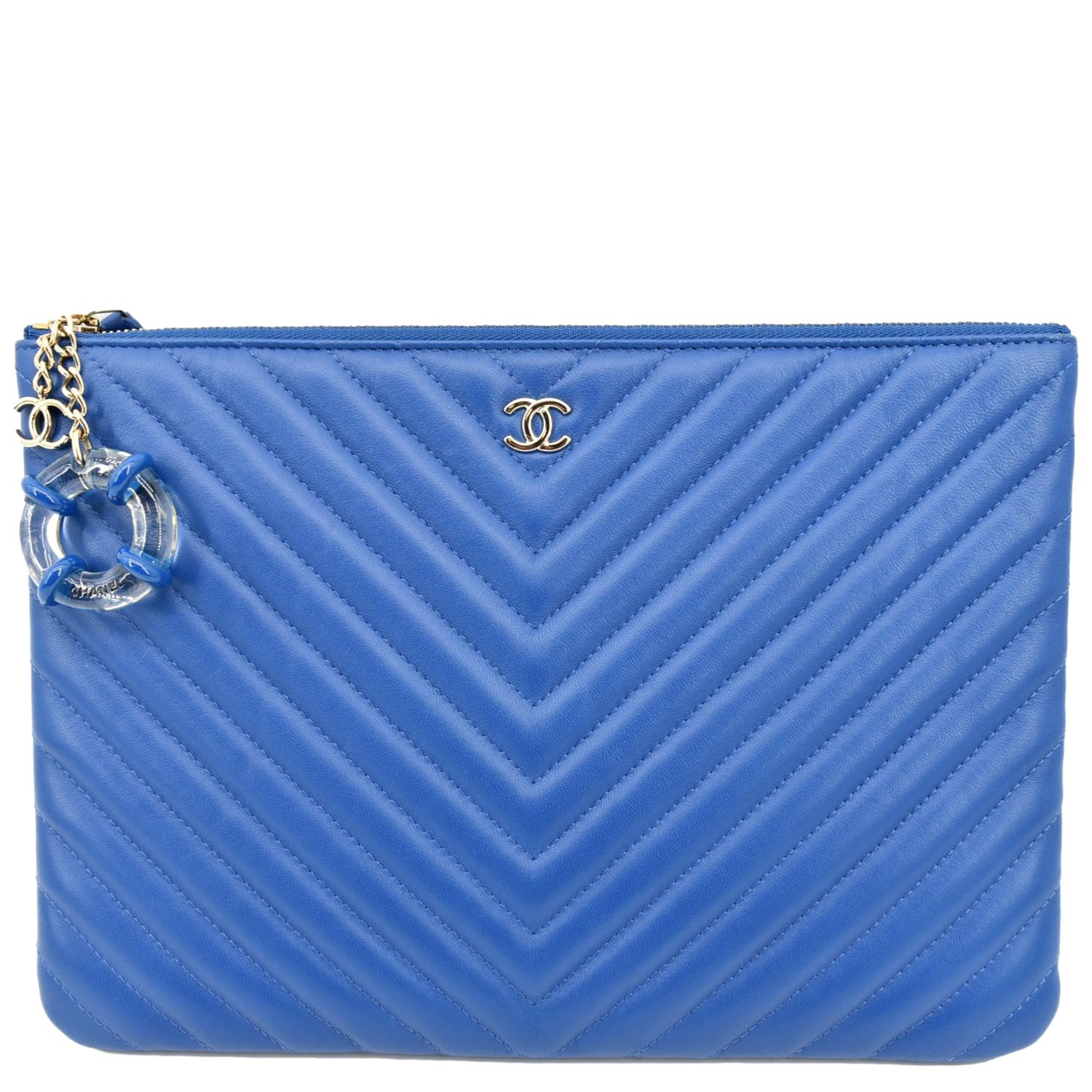 CHANEL O Case Chevron Leather Clutch Bag Blue
