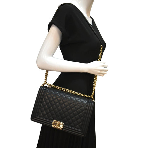 Chanel Boy New Medium Chevron Caviar Shoulder Bag Black - Full View