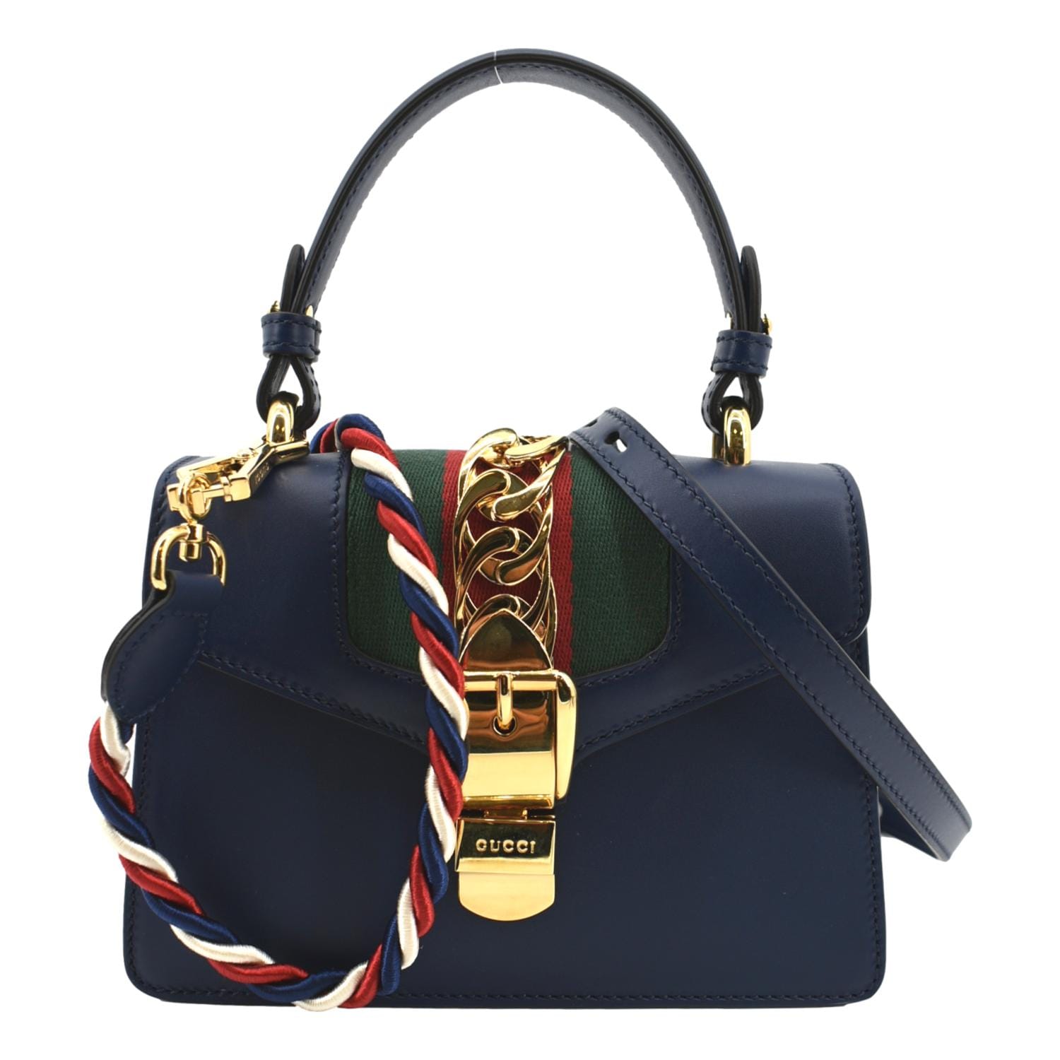 Gucci Sylvie Mini Leather Top Handle Crossbody Bag Blue - Front