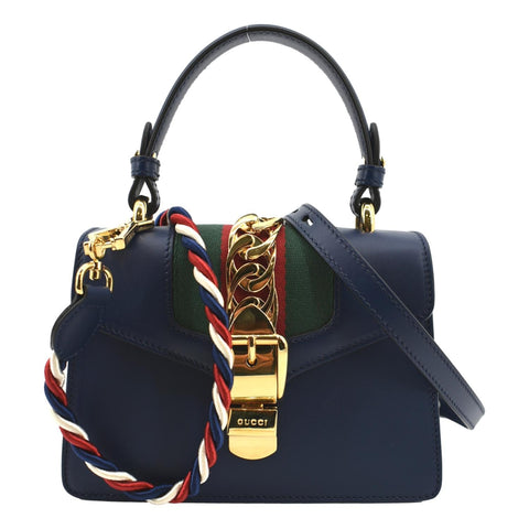 GUCCI Sylvie Mini Leather Top Handle Crossbody Bag Blue 470270