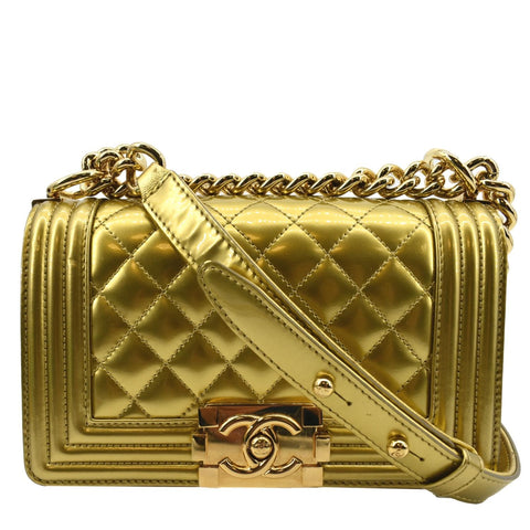 CHANEL Boy Flap Quilted Patent Leather Crossbody Bag Metallic Gold