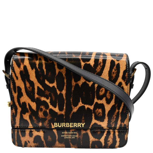 BURBERRY Grace Leopard Print Leather Shoulder Bag Multicolor