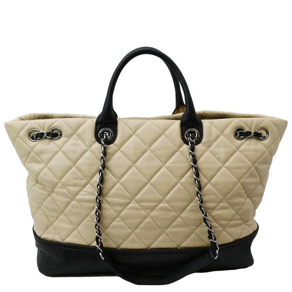 CHANEL Drawstring Large Quilted Calfskin & Caviar Shopping Tote Bag Beige