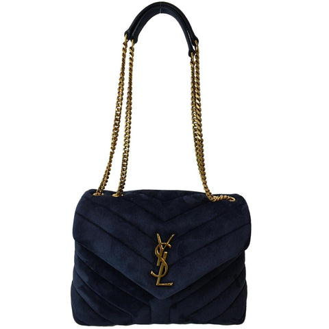 YVES SAINT LAURENT Small Loulou Velvet Shoulder Bag Blue