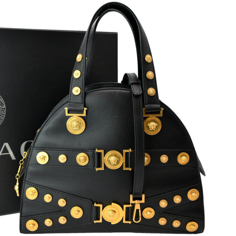 VERSACE Medallion Tribute Calfskin Leather Bowling Bag Black