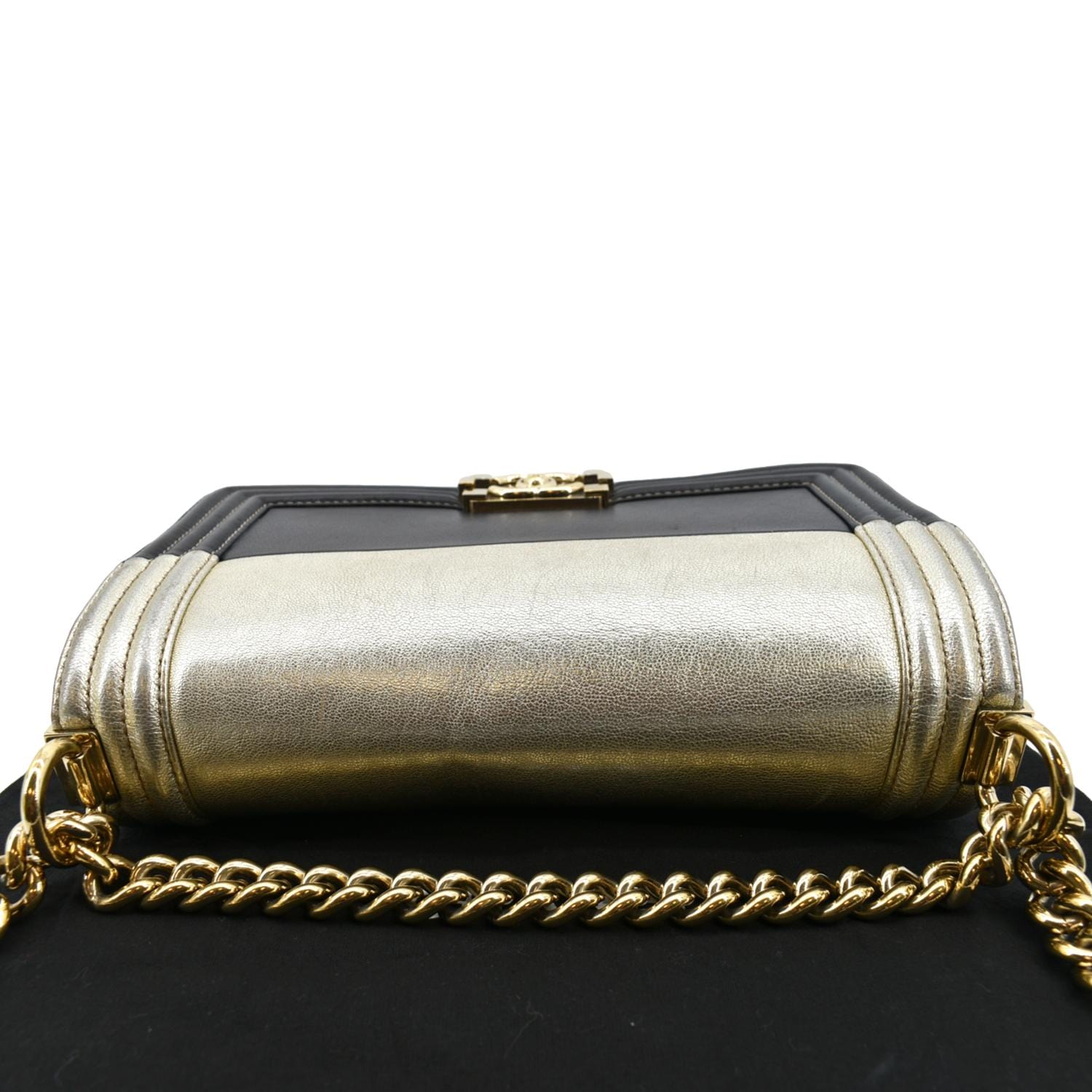 Boy Chanel Double Chain Shoulder Bag Black Tweed Caviar Skin 46550