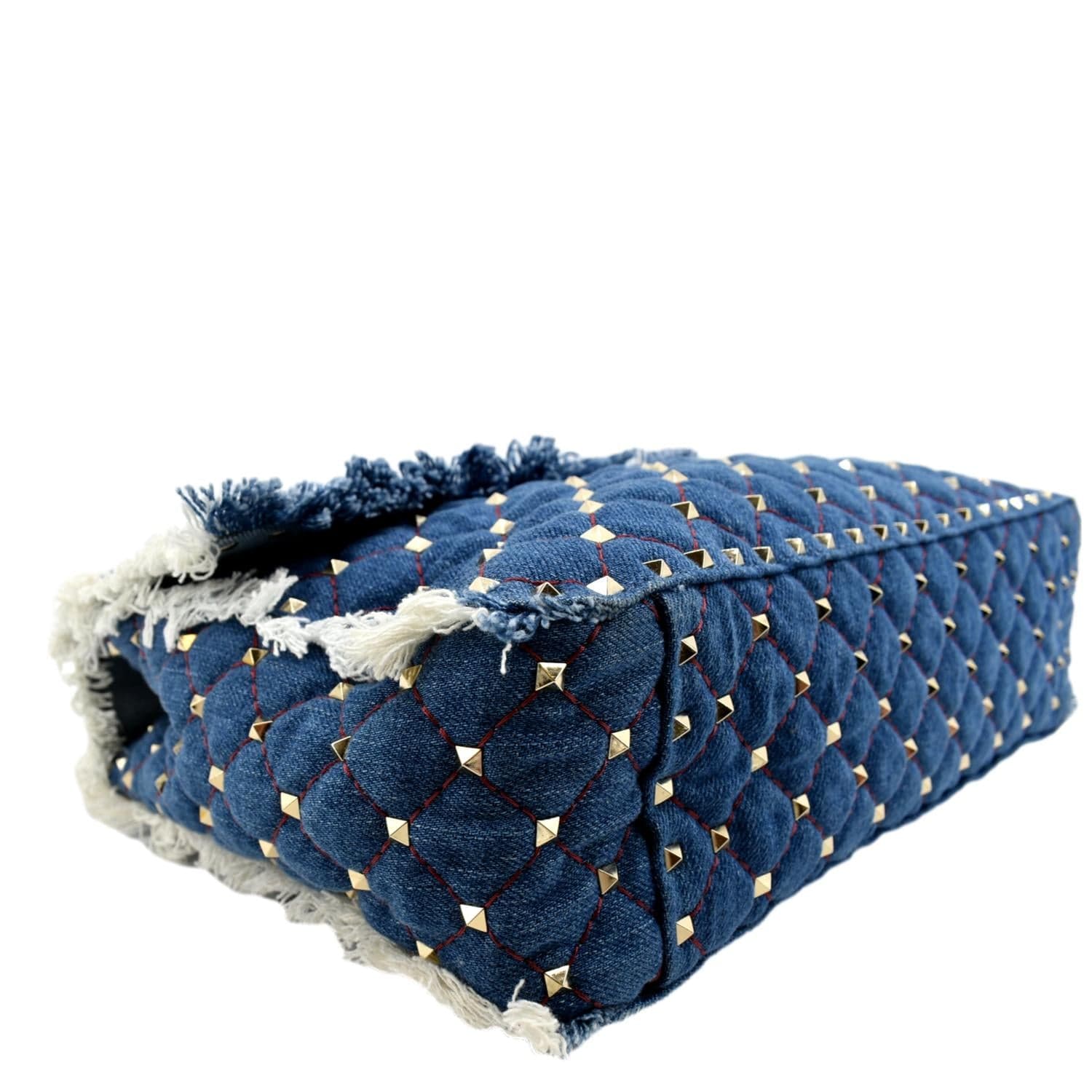 VALENTINO GARAVANI Denim Fringe Maxi Rockstud Spike Shoulder Bag Blue  1217678