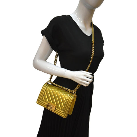 CHANEL Boy Flap Quilted Patent Leather Crossbody Bag Metallic Gold