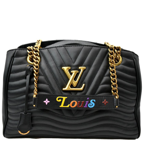 LOUIS VUITTON Wave Chain Leather Tote Shoulder Bag Black