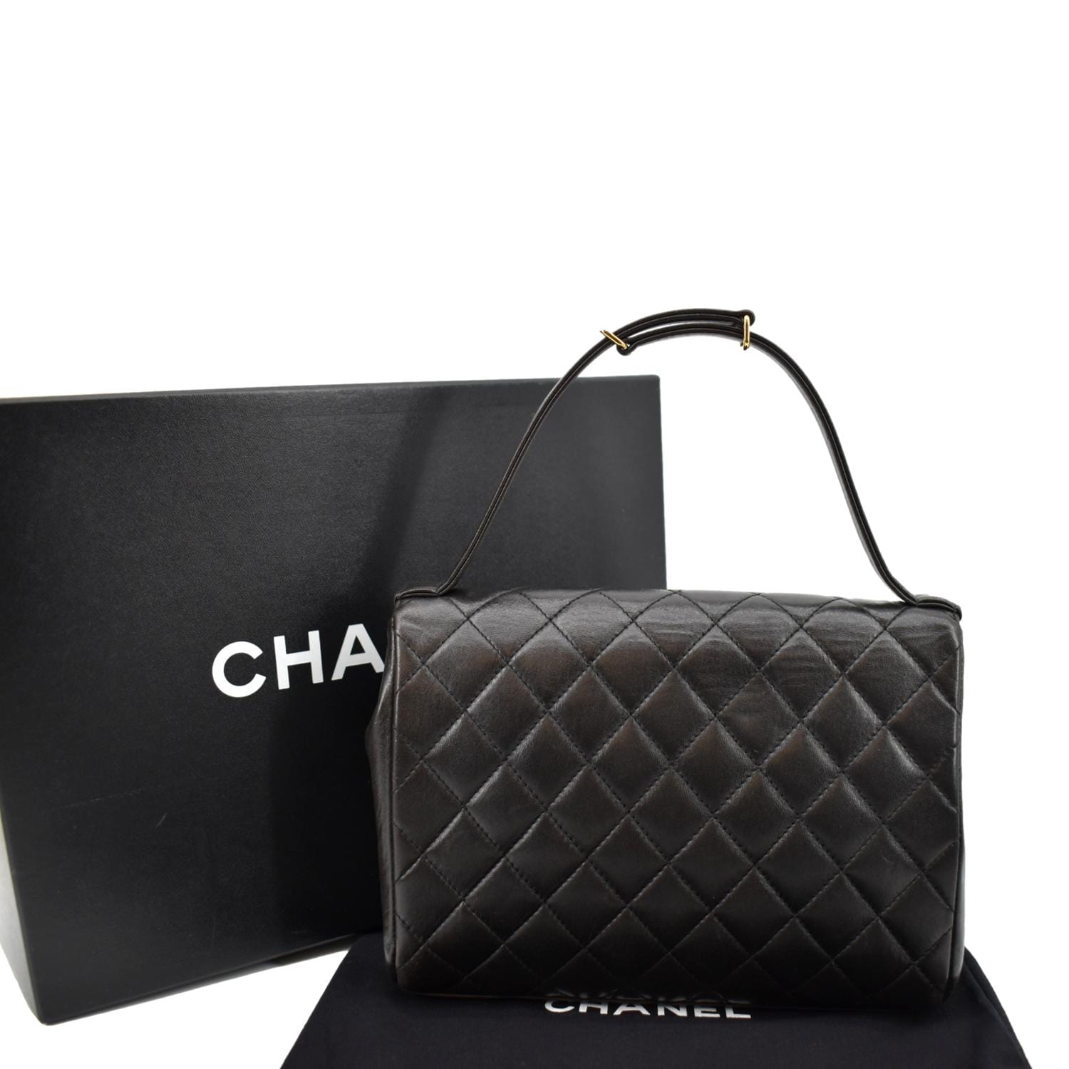 CHANEL Vintage Flap Quilted Leather Top Handle Bag Black
