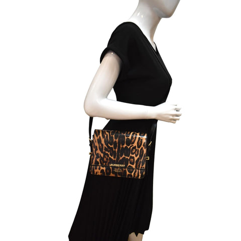 BURBERRY Grace Leopard Print Leather Shoulder Bag Multicolor