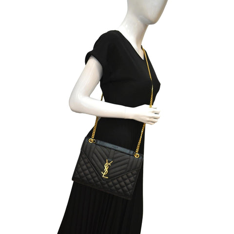 YVES SAINT LAURENT Medium Envelope Leather Chain Shoulder Bag Black