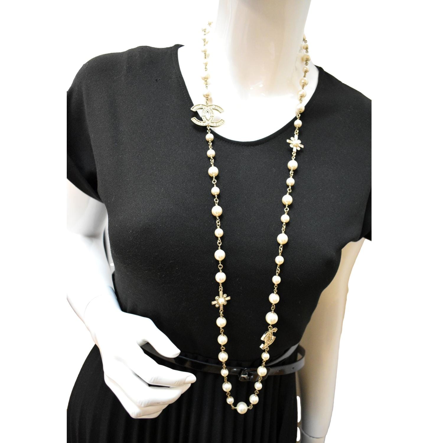 NIB Chanel Timeless Classic 42 5-Crystal CC Pearl Long Necklace SHW A –  Boutique Patina