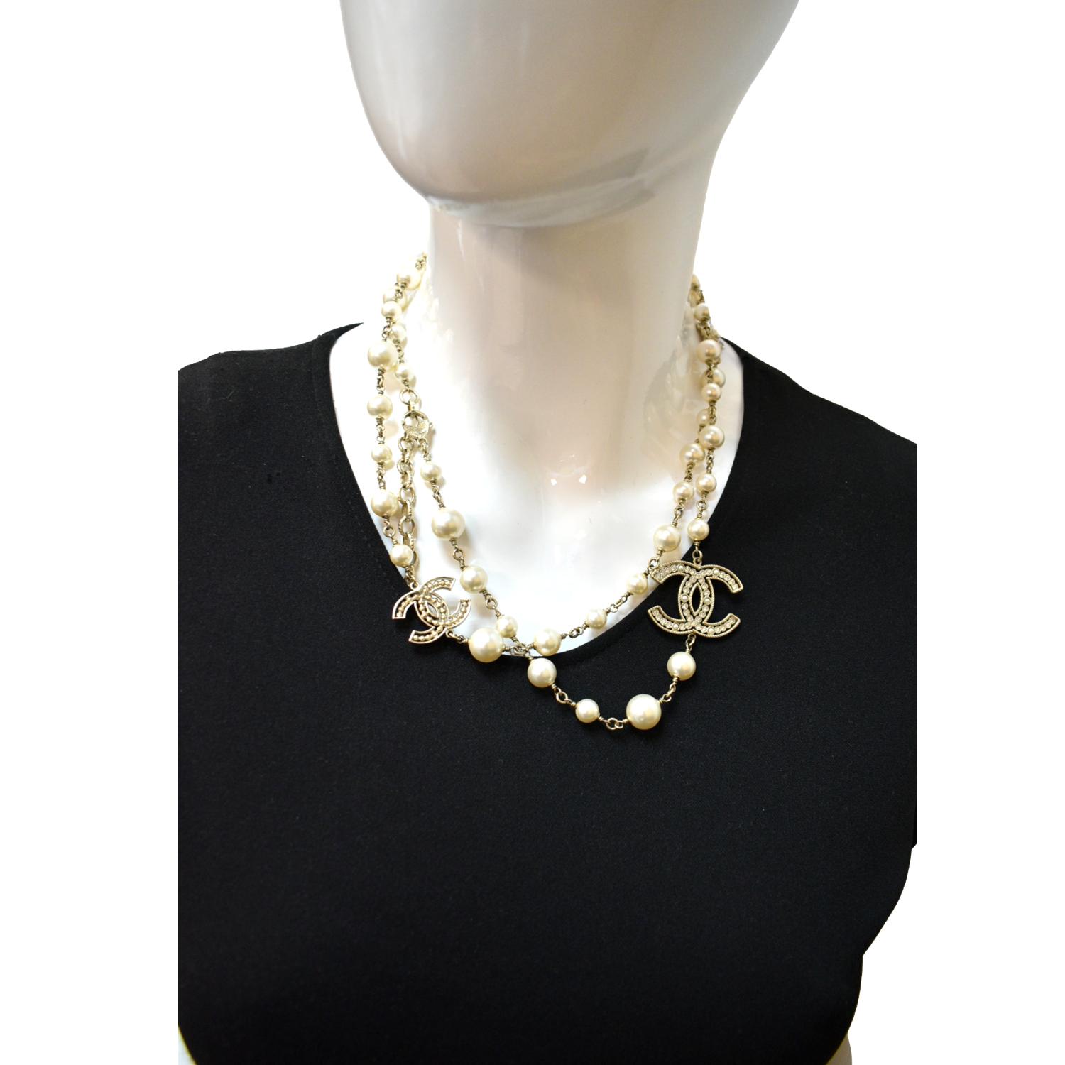 Chanel Classic 2 Silver CC White Bead Pearl Necklace