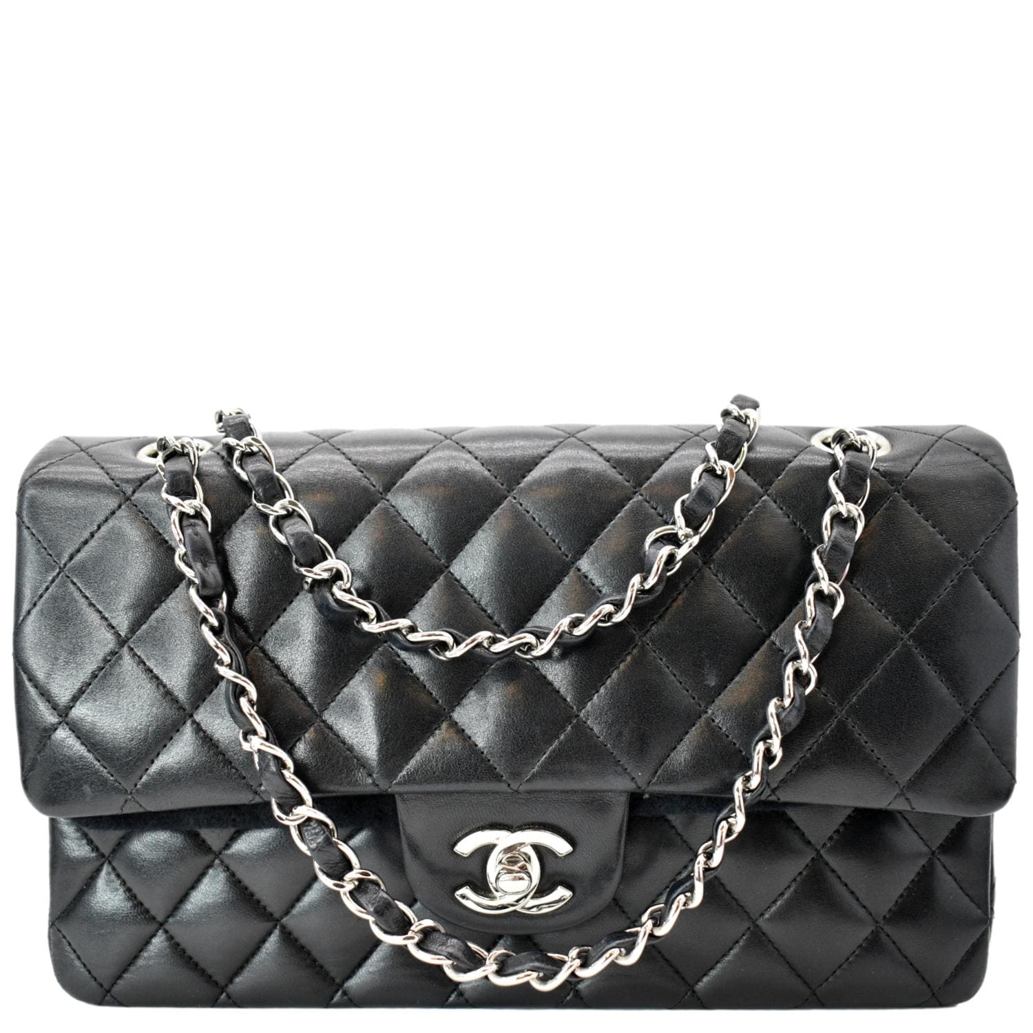 CHANEL Medium Double Flap Lambskin Leather Shoulder Bag Black