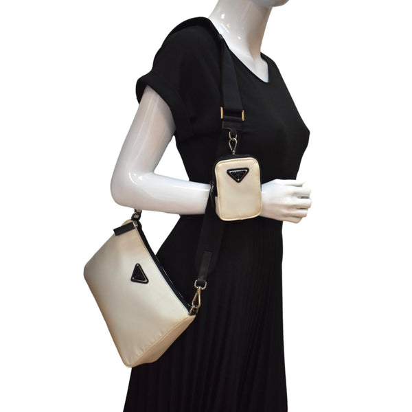 Prada Re-Nylon Leather Shoulder Bag in White Color - Full View