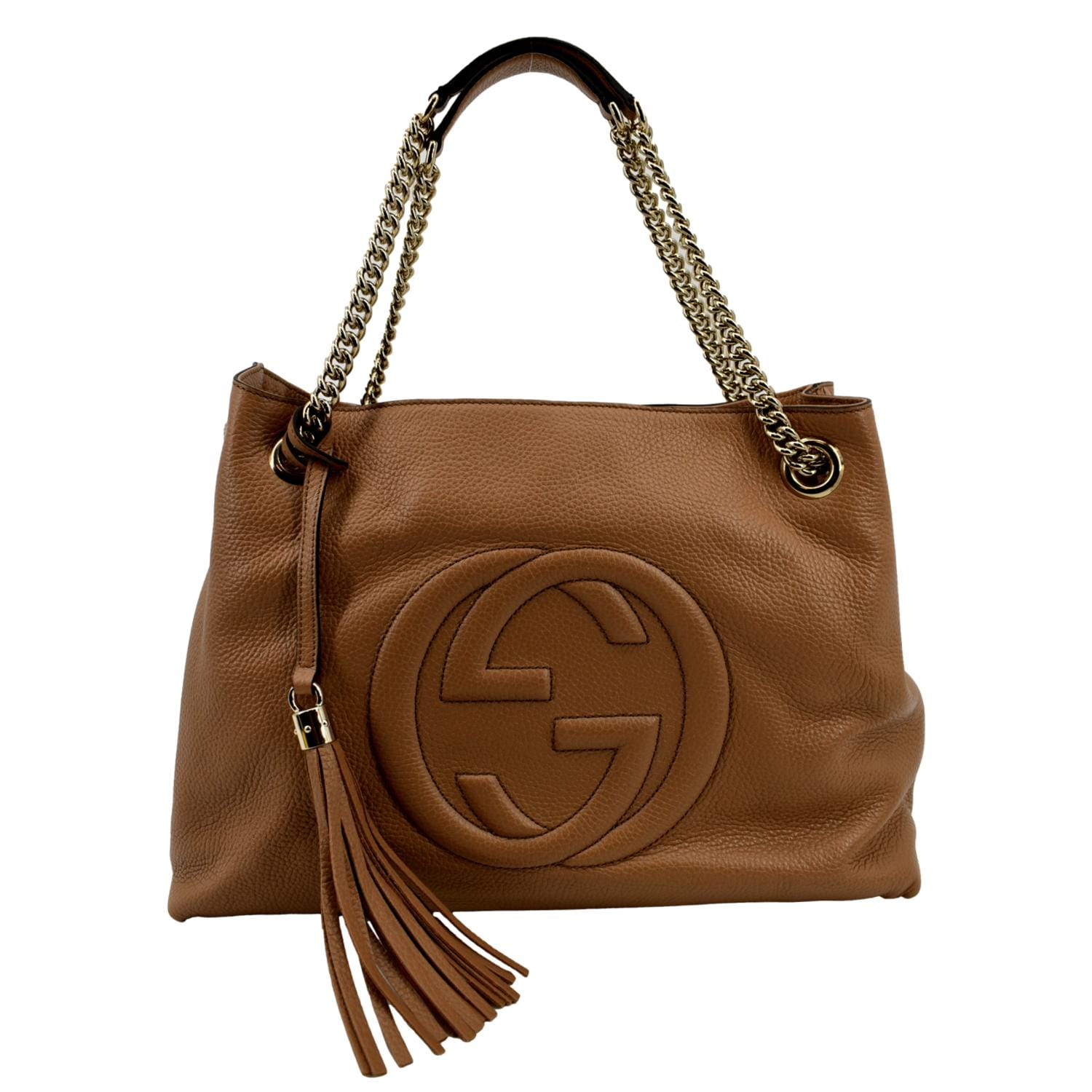 Gucci Medium Soho Chain Pebbled Leather Tote Bag Beige  - Front