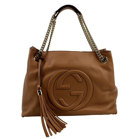 GUCCI Medium Soho Chain Pebbled Leather Tote Bag Beige 536196