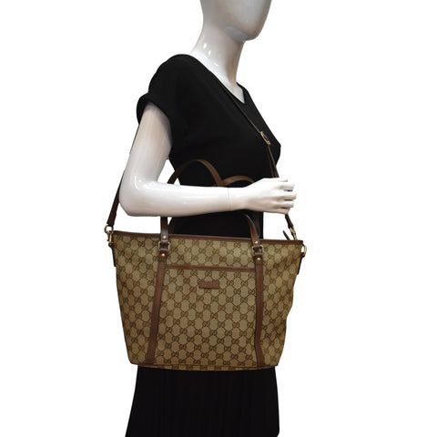 Gucci GG Canvas Leather 2-Way Tote Shoulder Bag Beige - Full View