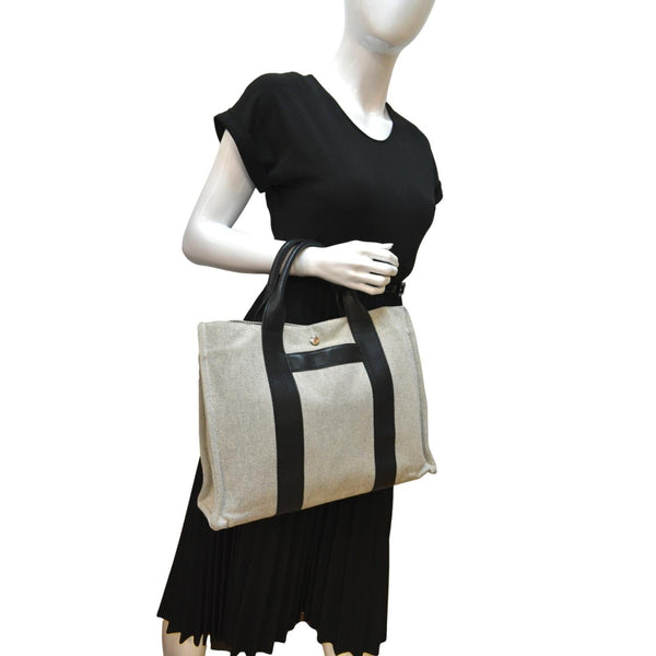 Hermes Garden Party Toile Leather Tote Bag Black/Beige - Full View