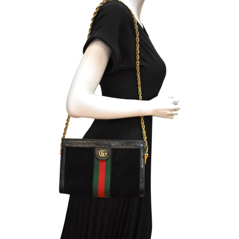 GUCCI Ophidia GG Small Web Suede Leather Shoulder Bag Black 503877