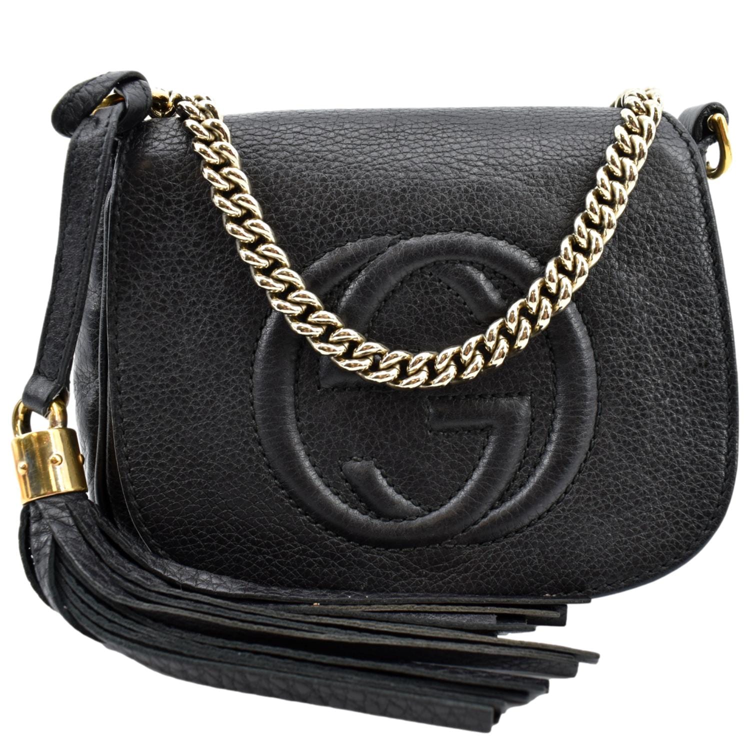 GUCCI GG Soho Pebbled Leather Chain Crossbody Bag Black 323190