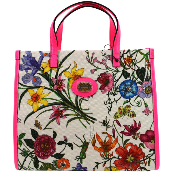 Gucci Medium Flora Canvas Tote Shoulder Bag in Pink - Front