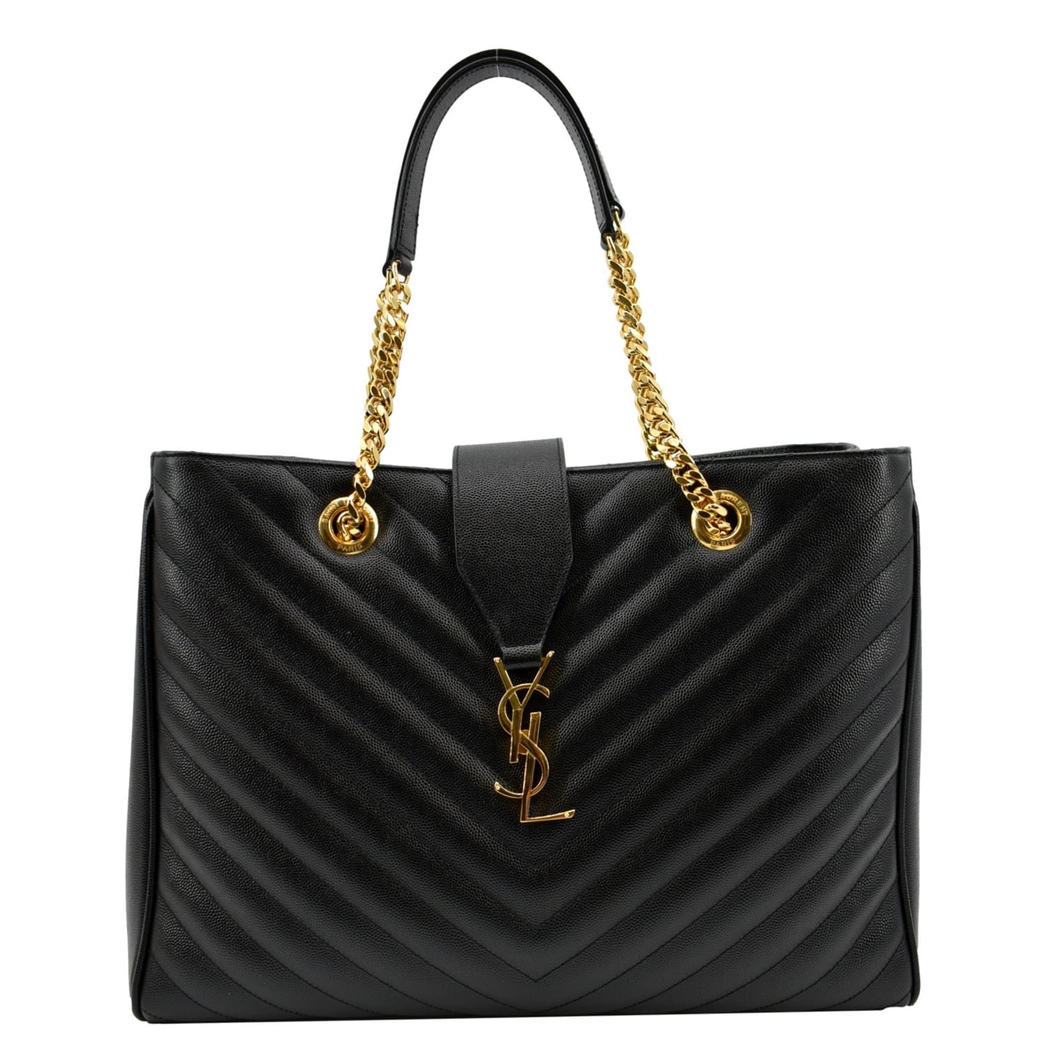 YVES SAINT LAURENT Chevron Leather Shopping Tote Shoulder Bag Black