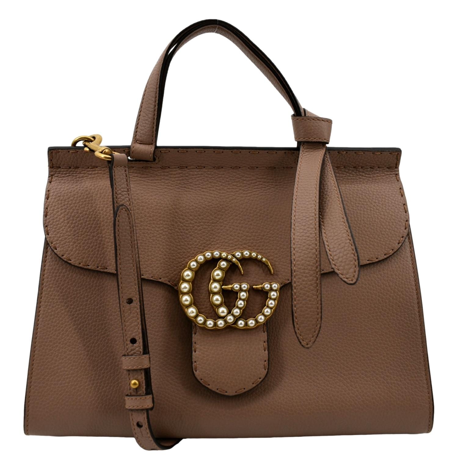 GUCCI GG Marmont Leather Top Handle Shoulder Bag Beige 421890