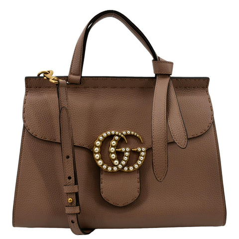 GUCCI GG Marmont Leather Top Handle Shoulder Bag Beige 421890