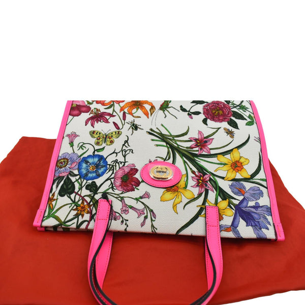 Gucci Medium Flora Canvas Tote Shoulder Bag in Pink - Top