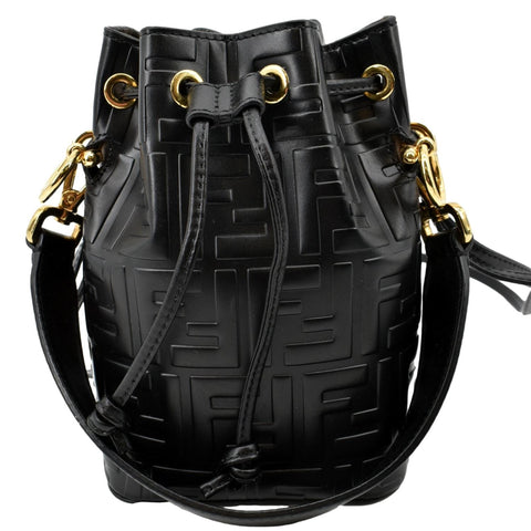FENDI Mon Tresor Drawstring FF Leather Bucket Bag Black