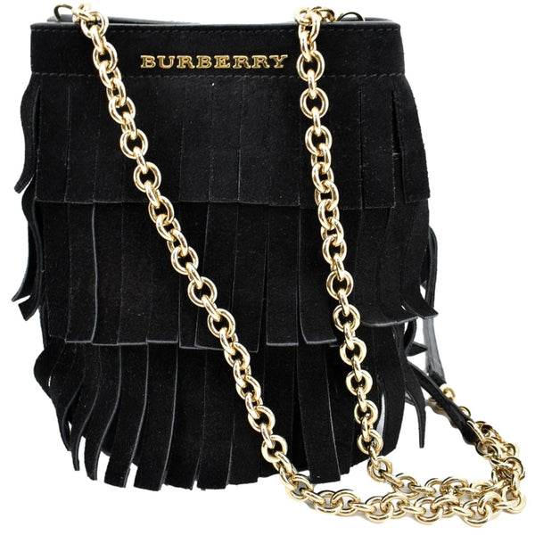 Burberry Mini Fringe Suede Crossbody Bucket Bag in Black - Front