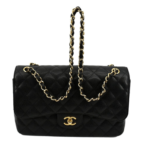 CHANEL Classic Jumbo Double Flap Caviar Leather Shoulder Bag Black