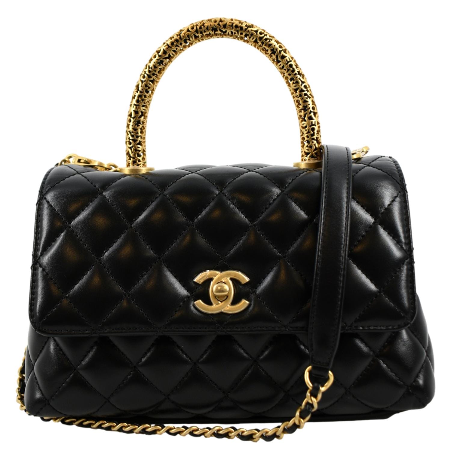 CHANEL Coco Mini Top Metal Handle Lambskin Leather Shoulder Bag Black
