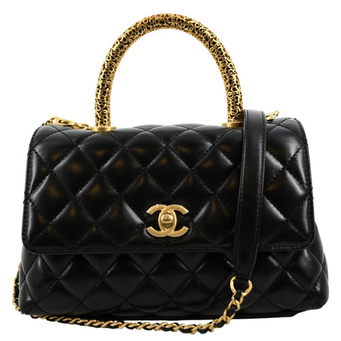 CHANEL Coco Mini Top Metal Handle Lambskin Leather Shoulder Bag Black