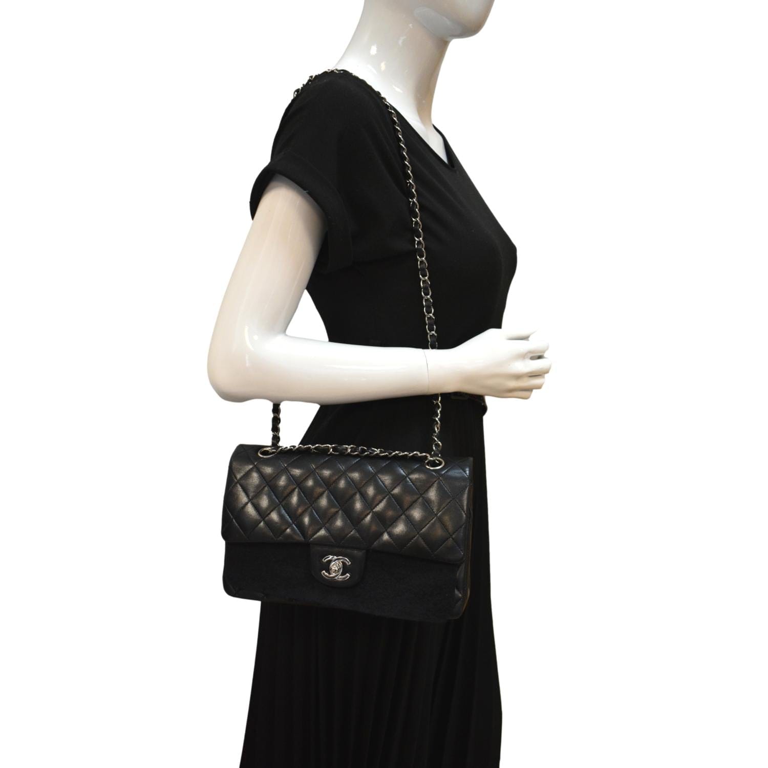 Chanel Medium Double Flap Lambskin Leather Shoulder Bag Black